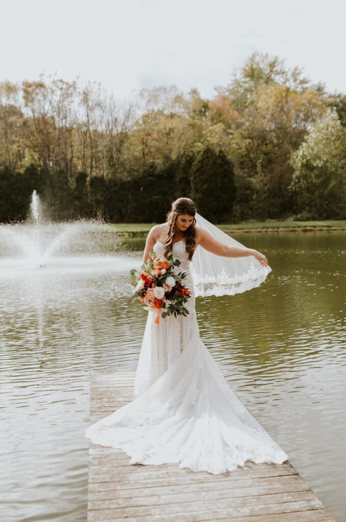 bride at pond with fountain
