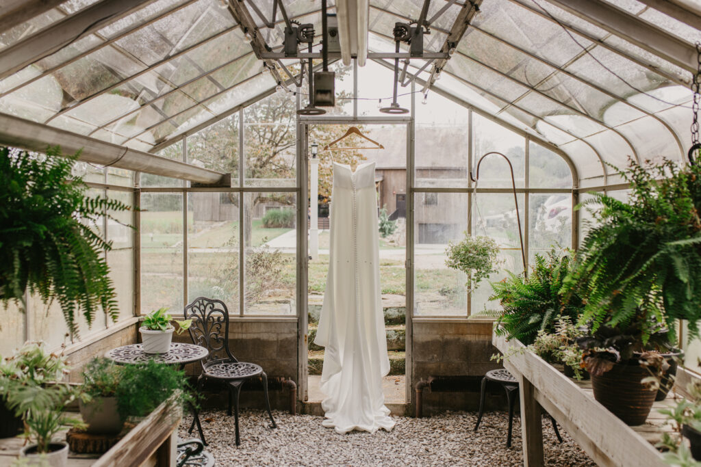 wedding dress in greenhouse