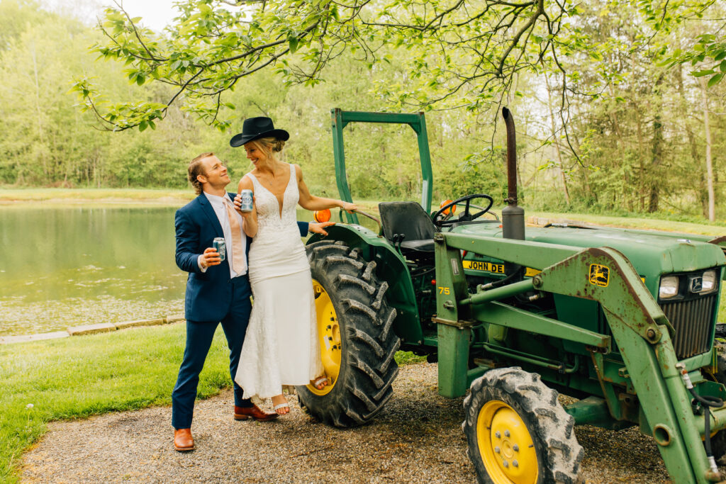 bride and groom with tractor