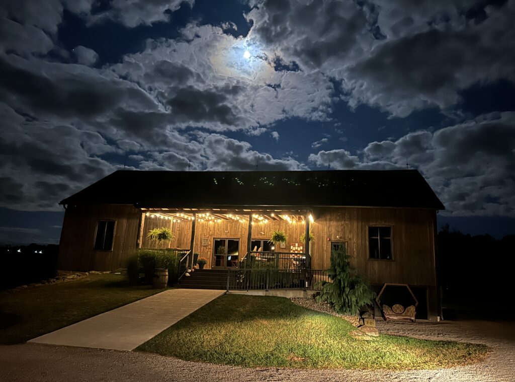 rustic Ohio barn wedding venue at night