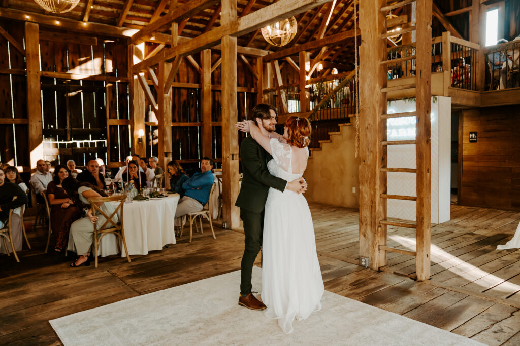 bride and groom dancing Ohio rustic barn venue