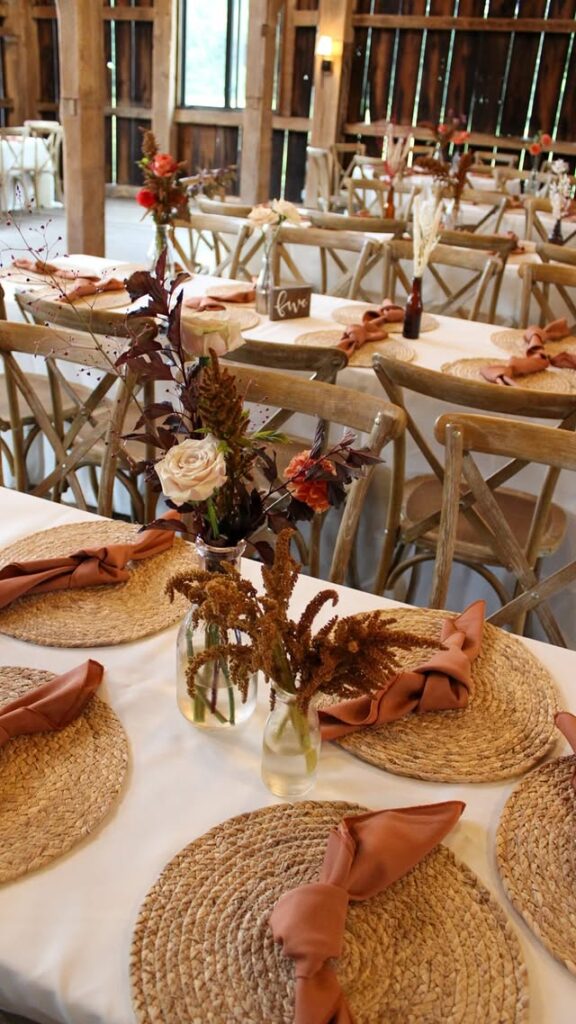 beautiful tables at rustic Ohio barn wedding venue