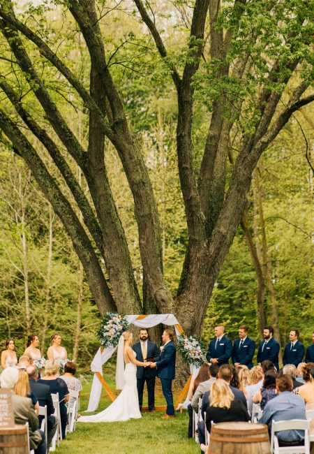 bride and groom wedding ceremony in front of big tree